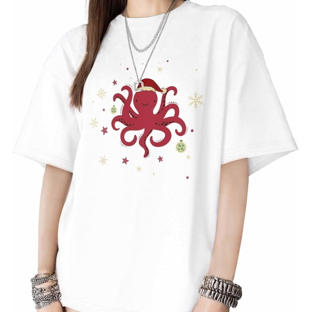 T Shirts for Womens Red Christmas Octopus Short Sleeve Graphic Tees Loose Fit T-Shirt Cotton Casual Tops
