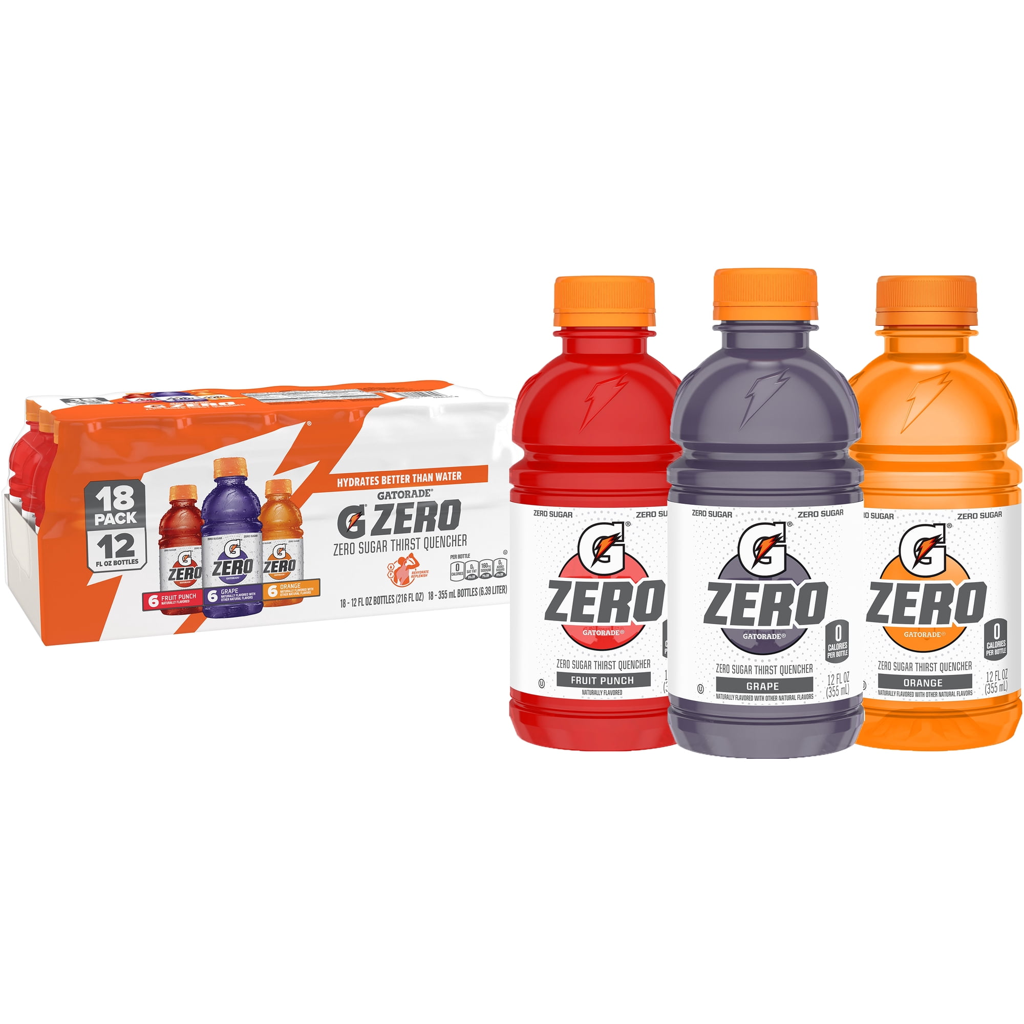 Gatorade Zero Sugar Electrolyte Sports Drink, Fruit Punch, Grape and Orange Variety Pack, 12 fl oz, 18 Count Bottles