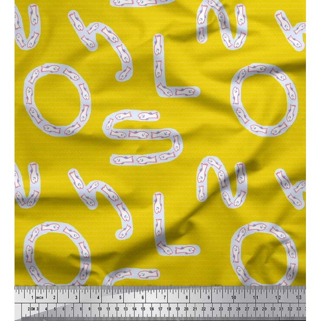 Soimoi Poly Georgette Fabric Alphabets,Waves & Fish Artistic Print Fabric by the Yard 52 Inch Wide