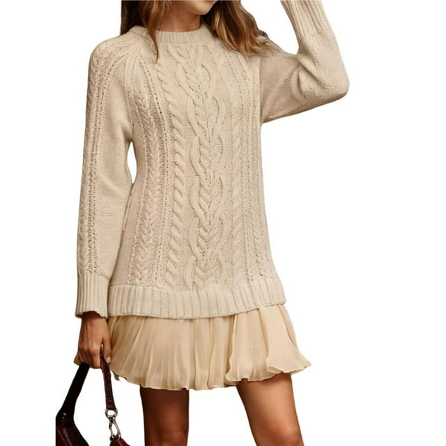 Robe Chandail en Tricot Torsadé pour Femmes, Col Ras du Cou, Manches Longues, Mini-Robe Plissée, Style Deux-en-un, Robe Patchwork, Brun Pâle, TTTG