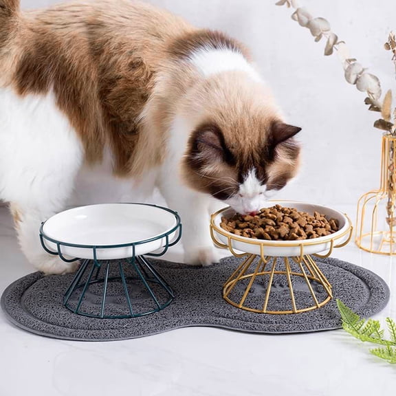 Raised Ceramic Cat Dish with Metal Stand Elevated Pet Feeder Bowl for Indoor Cats and Small Dogs Whisker Friendly Vomit Prevention Hygienic Design