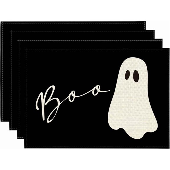 Ghost Halloween Placemats Set of 4, 12x18 Inch Seasonal Black Holiday Table Mats for Party Kitchen Dining Decoration