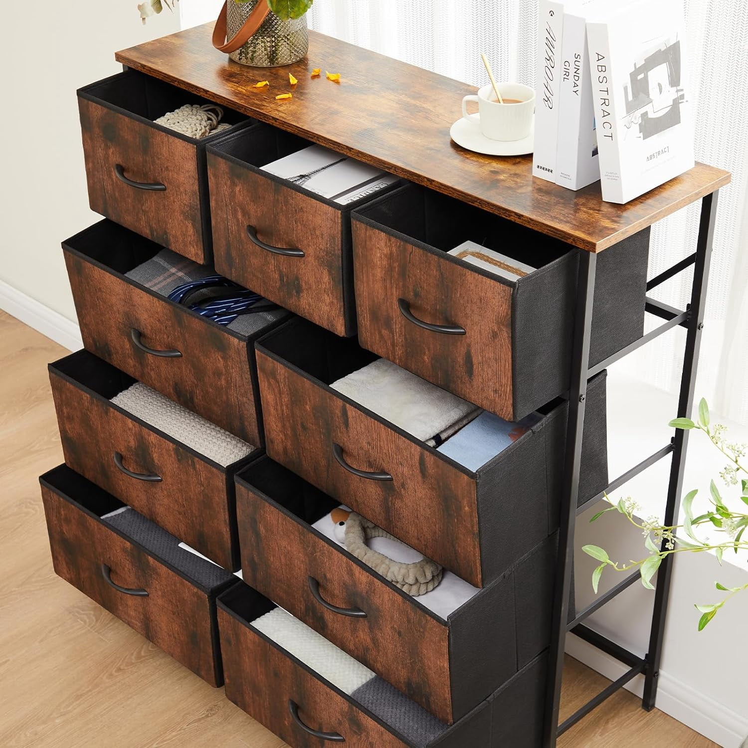 Dresser for Bedroom, Chests of Drawers, Storage Organizer with 9 Drawers, Sturdy Metal Frame, Wood Tabletop for Guest Room, Closet, Entryway, Nursery, Gray
