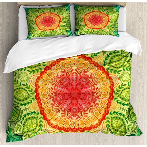 Ethnic Duvet Cover Set, Mandala Tie Dye Effect Design Flower Inspired, Decorative 3 Piece Bedding Set with 2 Pillow Shams, Calking Size, Yellow Green Blue, by Ambesonne