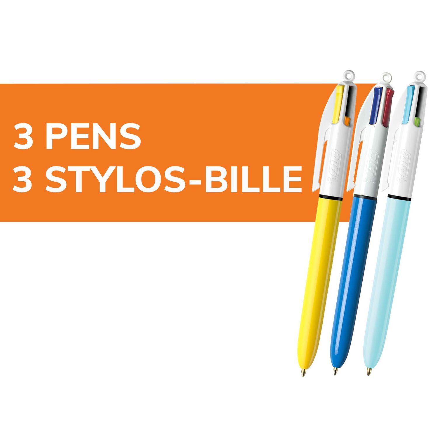 Stylo-bille rétractables BIC 4 couleurs Original et Mode, pointe moyenne (1,0 mm), paquet de 3, stylo-bille rétractable avec encre de couleur durable Découvrez l’encre durable