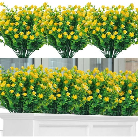 Morttic 8 Bundles Outdoor Artificial Flowers UV Resistant Fake Boxwood Greenery Shrubs Faux Plastic Plants Decor for Indoor Outside Hanging Planter Yard Farmhouse Home Garden Wedding (Yellow)