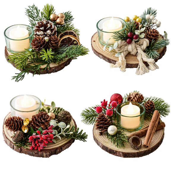 Yoyauz Christmas Votive Candle Holders with Pinecone Berry Candle Wreath Ring Glass Light Candle Holders Christmas Candle Rings for Home Table Wedding Christmas Party Decor