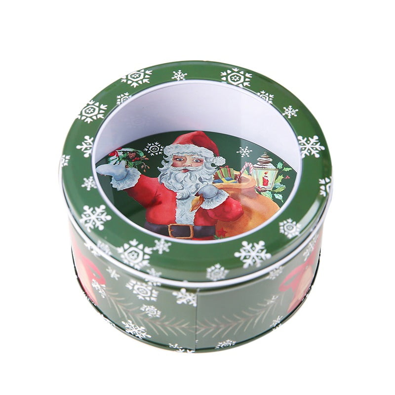 Christmas Themed Metal Round Tin Case Containers With Clear Window Lids