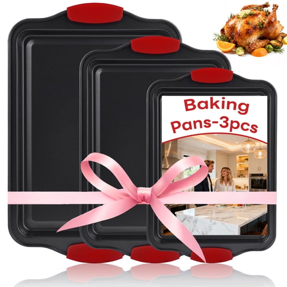 Non-Stick Kitchen Oven Baking Pans-3pcs Nonstick Gray Coating Inside Outside, Metal Bakeware with Red Silicone Handles