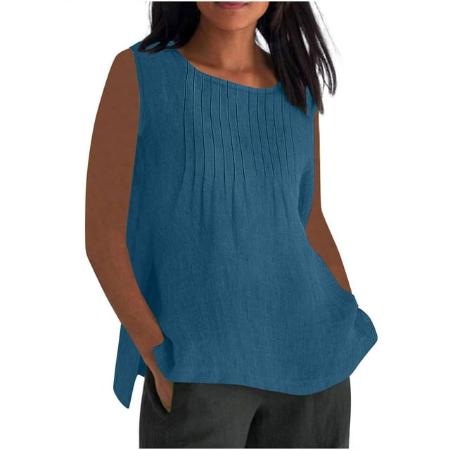 Vestidos Casuales Para Mujer, Blusas De Mujer De Moda Blusa holgada de verano para mujer, de imitación de lino, sin mangas, plisada y con cuello redondo