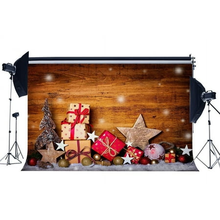 Image of HelloDecor 7x5ft Photography Backdrop Christmas Tree Gifts Ball Star Bokeh Vintage Wood Floor Winter Snow Scene Xmas Backdrops for Kids Adults Happy New Year Background Photo Studio Props