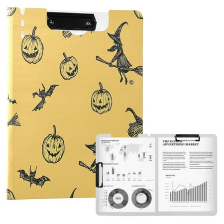 A4 Double Clip File Folder 18.9×12.6in Clipboards Foldable Binder Holds 80 Sheets Project Folder for Office Home Hand-drawn Halloween Pattern