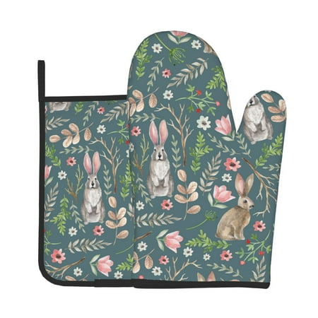 

Oven Mitts And Pot Holders 2 Pcs Set High Heat Resistant Degree Extra Thicken Long Kitchen Oven Glove For Kitchen Baking Grilling Non-Slip Cooking Mitts Cute Rabbits