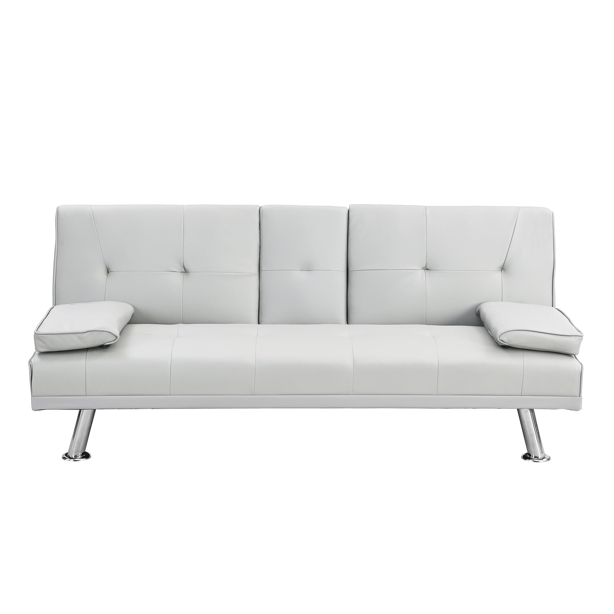 Modern PU Futon with Cupholders and Pillows Leather Sofa Bed,White
