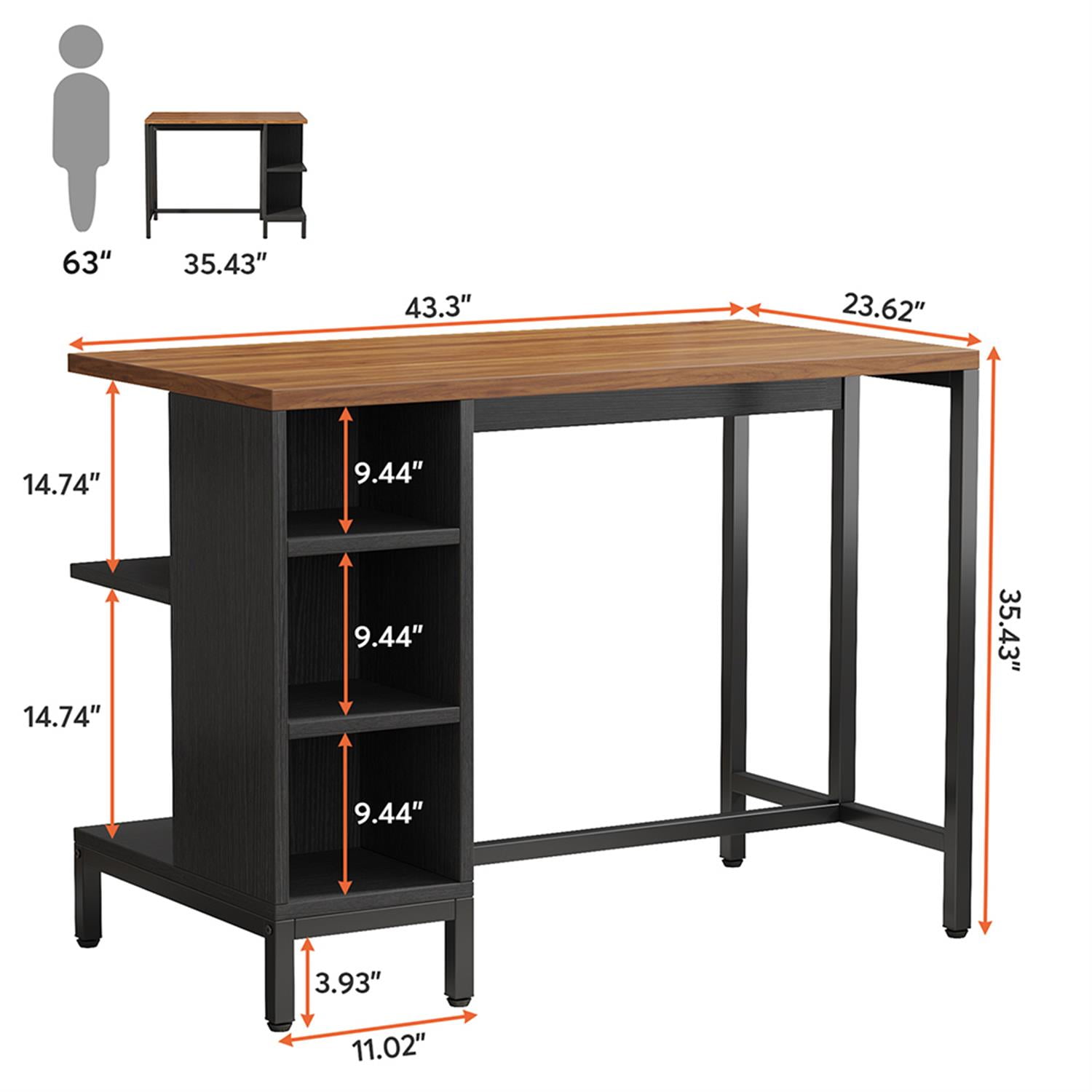 Demi Bonn 43" Kitchen Island with Storage, 5 Open Spice Rack Shelf Breakfast Bar Counter Table for Home, Dining Room, Brown