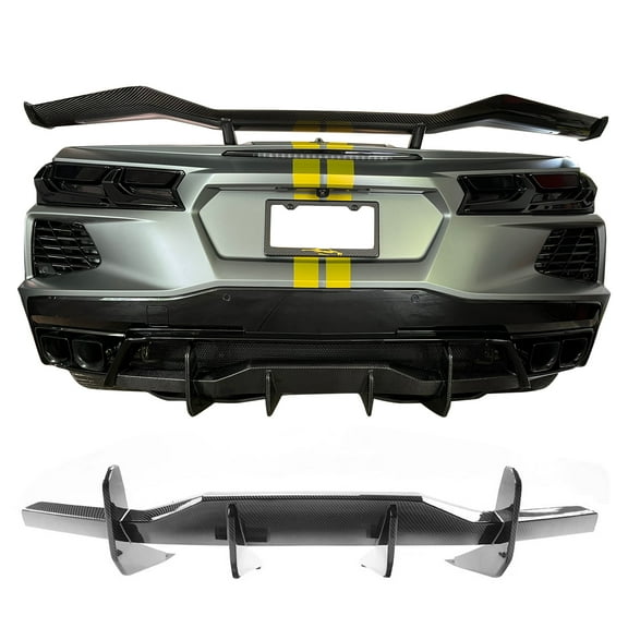 Ikon Motorsports Rear Diffuser Compatible with 2020-2025 Chevy Corvette C8 Stingray/Z51/E-RAY IKON Style Carbon Fiber Paint ABS Shark Fin Rear Bumper Valance Spoiler Air Dam Chin Splitter Molding