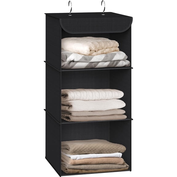 3-Shelf Hanging Closet Organizer, Fabric Storage Shelves with 57L Capacity, Black
