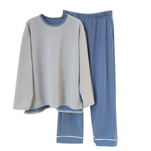 Yongwang Mens Striped Fleece Loungewear Set Crew Neck Long Sleeve Shirt Straight Leg Pajama Pants Casual Fashion Sleepwear Set for Home Daily