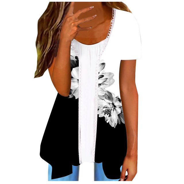 ICHUANYI Clearance Women's Summer Fashion Flower Print Short Sleeve Top T-shirt(White, XXL) ICHUANYI WER2023080903454