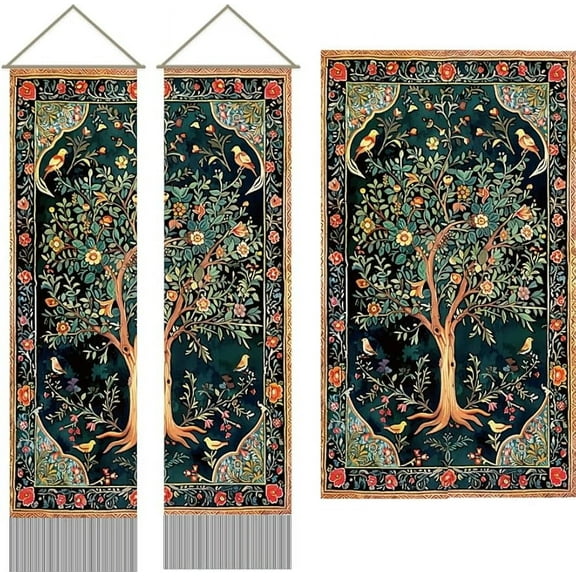 1 Set 2Pcs Tree of Life Tapestry Tree and Bird Long Vertical Tapestry Wall Hanging Tree of Life Tassel Wall Tapestry Mystic Aesthetic Tapestry for Bedroom and Living Room(45.7x13 Inch)