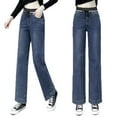 thumbnail image 1 of Bmisegm Women's High Rise Fleece Lined Straight Jeans, Dark Blue, Size 32, 1 of 7