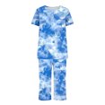 thumbnail image 4 of Floral Print Sets for Women Pleated Casual Pajamas Sets Round Neck Short Sleeved Top Pocket Home Sports Sleepwear Set, 4 of 5