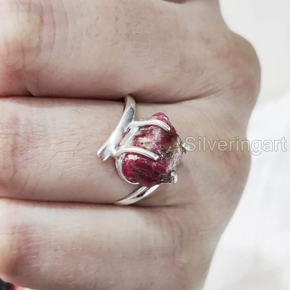 AAA Natural Ruby Ring, Rough Ruby Gemstone Ring, July Birthstone, Cross Prong Band, 925 Sterling Silver, Womens Ring, Christmas, Thanksgiving, Handmade, Statement Jewelry, Raw Gemstone Jewelry