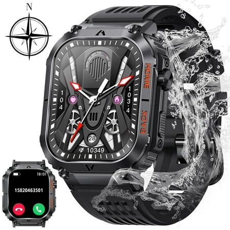 XAXRE Smart Watch for Men (Answer/Dial Call), 5ATM Waterproof Outdoor Tactical Fitness Tracker with Compass, 2.02'' Big Screen Rugged Sports Swimming Smart Watches for Android iOS, Black