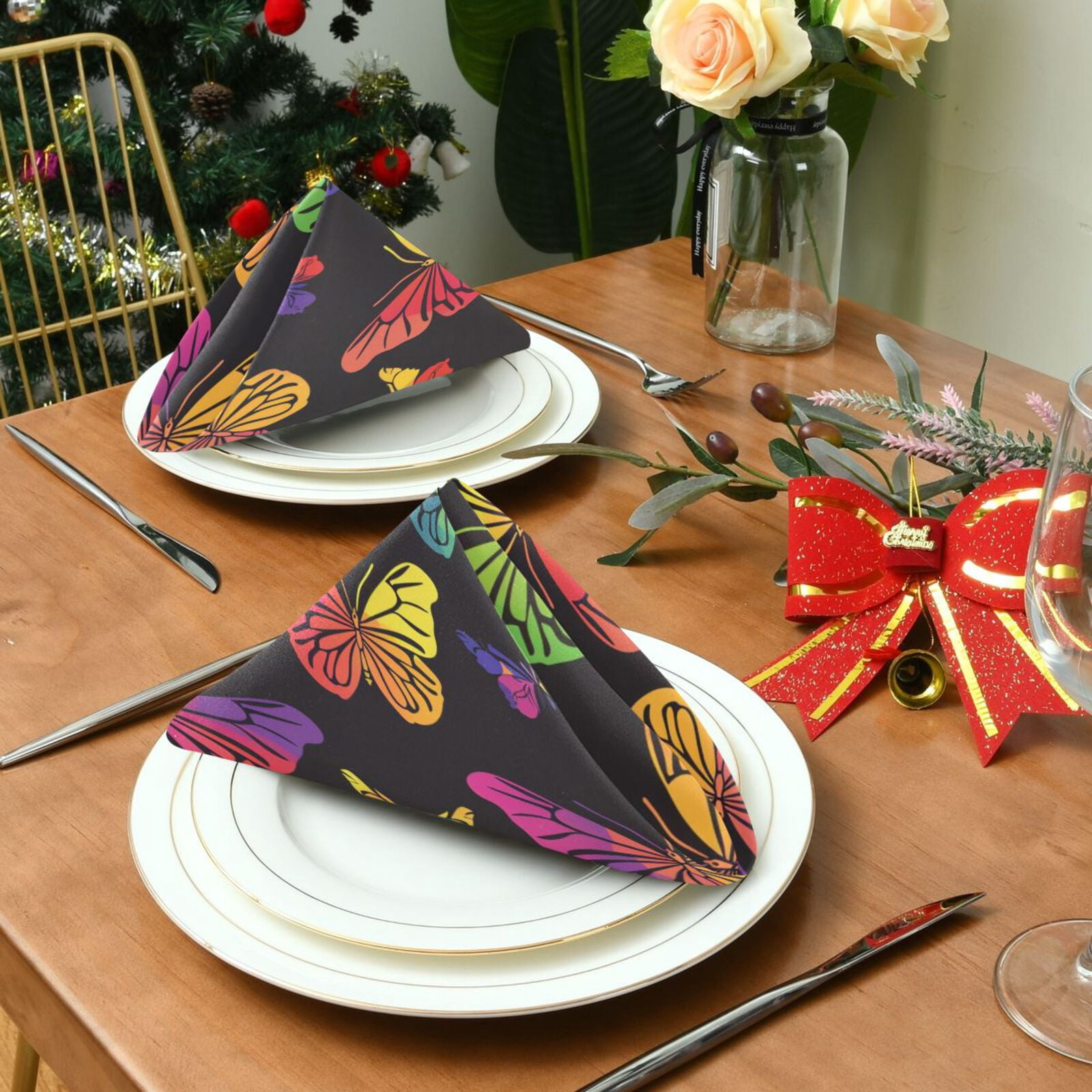 JSTEL Butterfly Print Rainbow Color Cloth Napkins Set of 6, 20x20 Inch Washable and Reusable Napkin for Decoupage Dinner Party Everyday Use