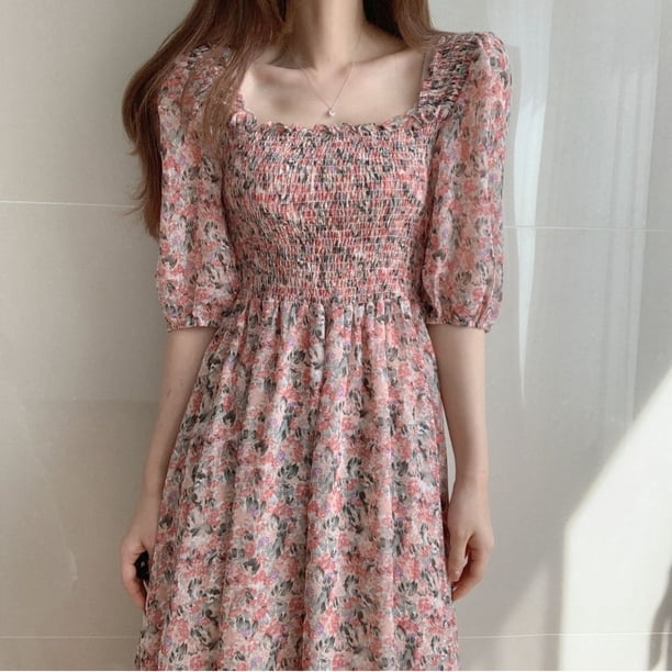 S-3XL Floral Chiffon Dress Women Sweet Puff Sleeve Empire Vintage Fairy Slim Square Collar Vestido Pink Temperament Elegant ChicXL Gao Jinjia LED
