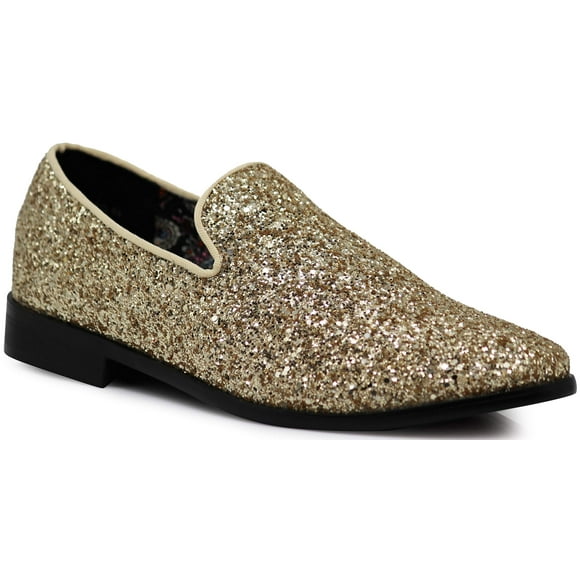 SPK04 Men's Vintage Glitter Dress Loafers Slip On Shoes Classic Tuxedo Dress Shoes (10.5, Gold)