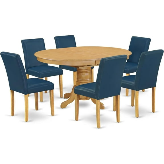HomeStock 7 Piece Dining Table Set Consist of an Oval Dining Room Table with Leaf and 6 Oasis Blue Faux Leather Upholstered Chairs, 42X60 Inch, Oak