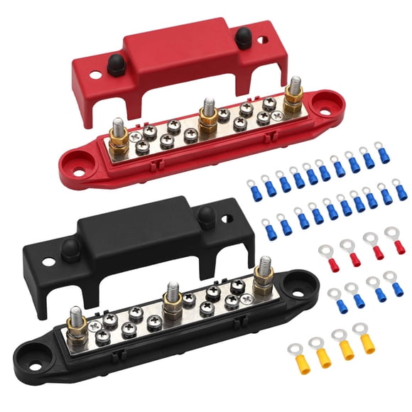 Mofeez Bus Bar -3x1/4â€Post,10x#8 Screw Terminal Power Distribution Block with Ring Terminals(Pair - Red & Black)