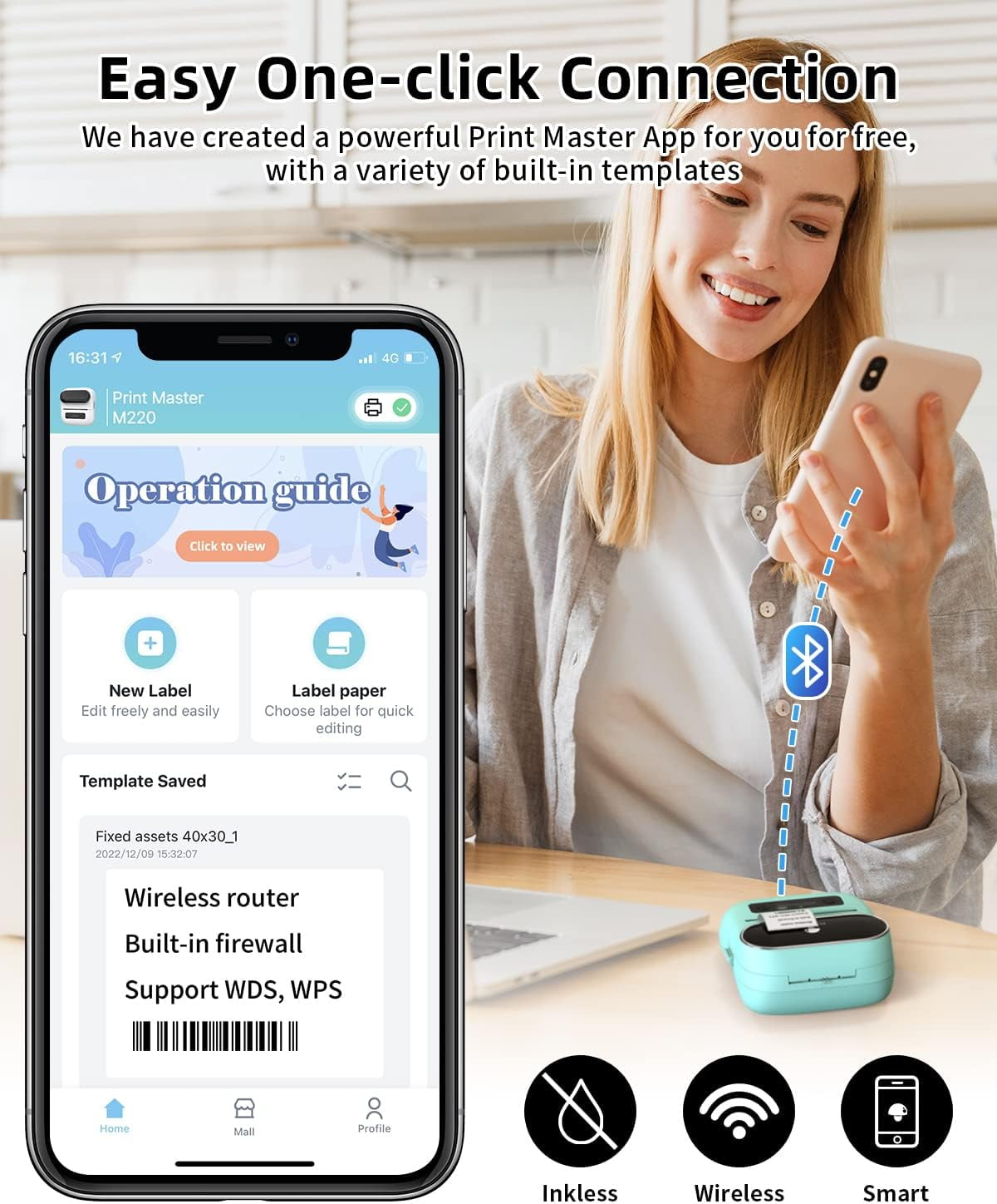 Phomemo M220 3.14 Inch Portable Bluetooth Thermal Label Maker - Support 20-80mm Width Label for Clothing, Mailing, and Address Labels - Compatible with Phone and Laptop (Green)