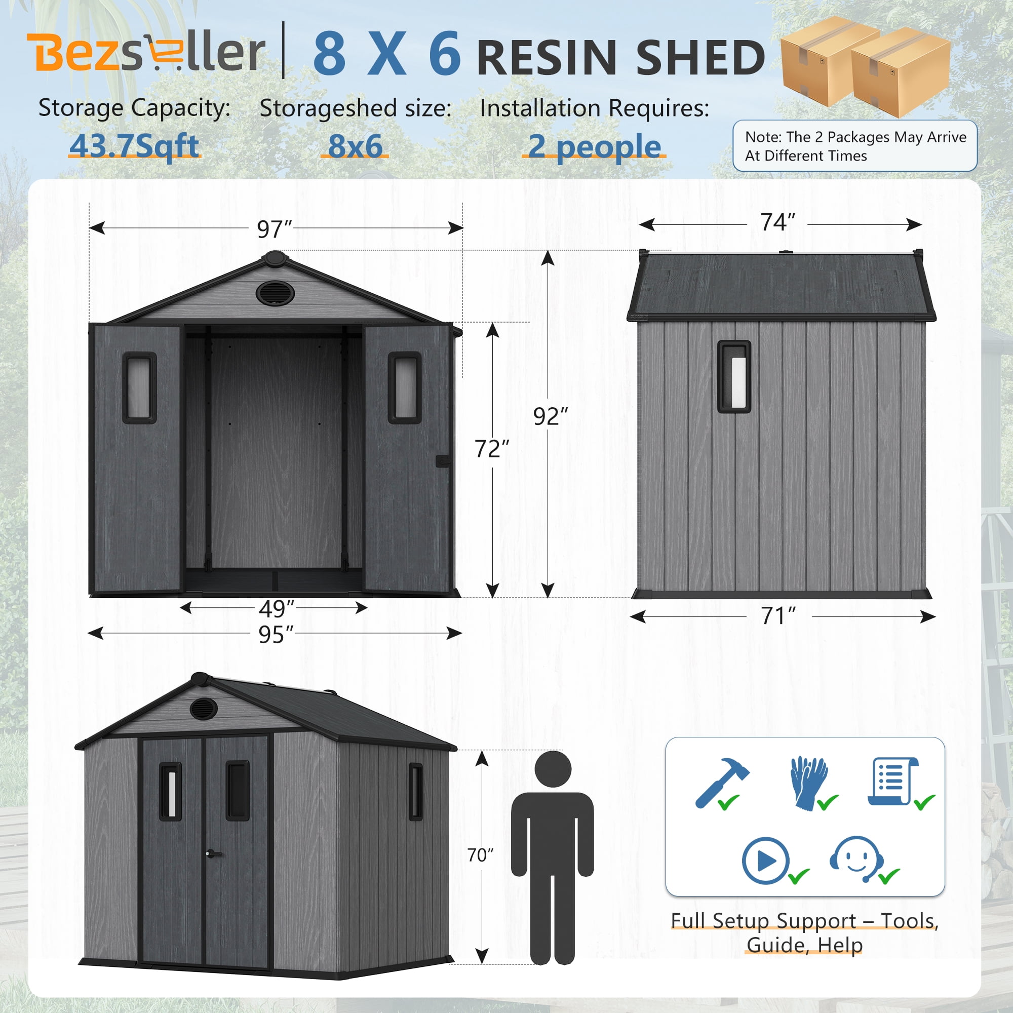 Bezseller 8*6 Outdoor Storage Tool Shed with Door and Floor, 16mm Thick Panel Plastic Outdoor Storage Shed with Steel Frame, Gray