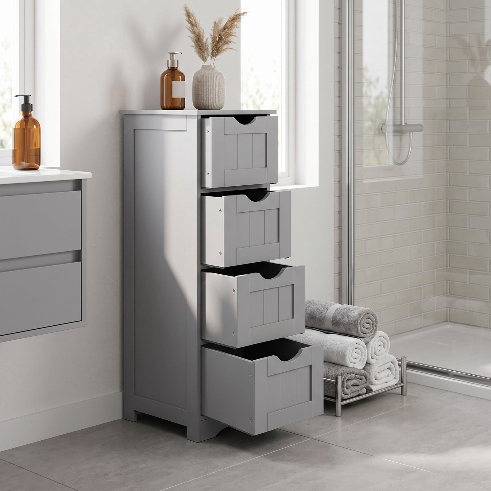 Fenbeli 4-Drawer Bathroom Floor Cabinet, Freestanding Wooden Storage Side Organizer with Anti-Toppling Device, Narrow Waterproof MDF Storage Tower for Bathroom, Gray