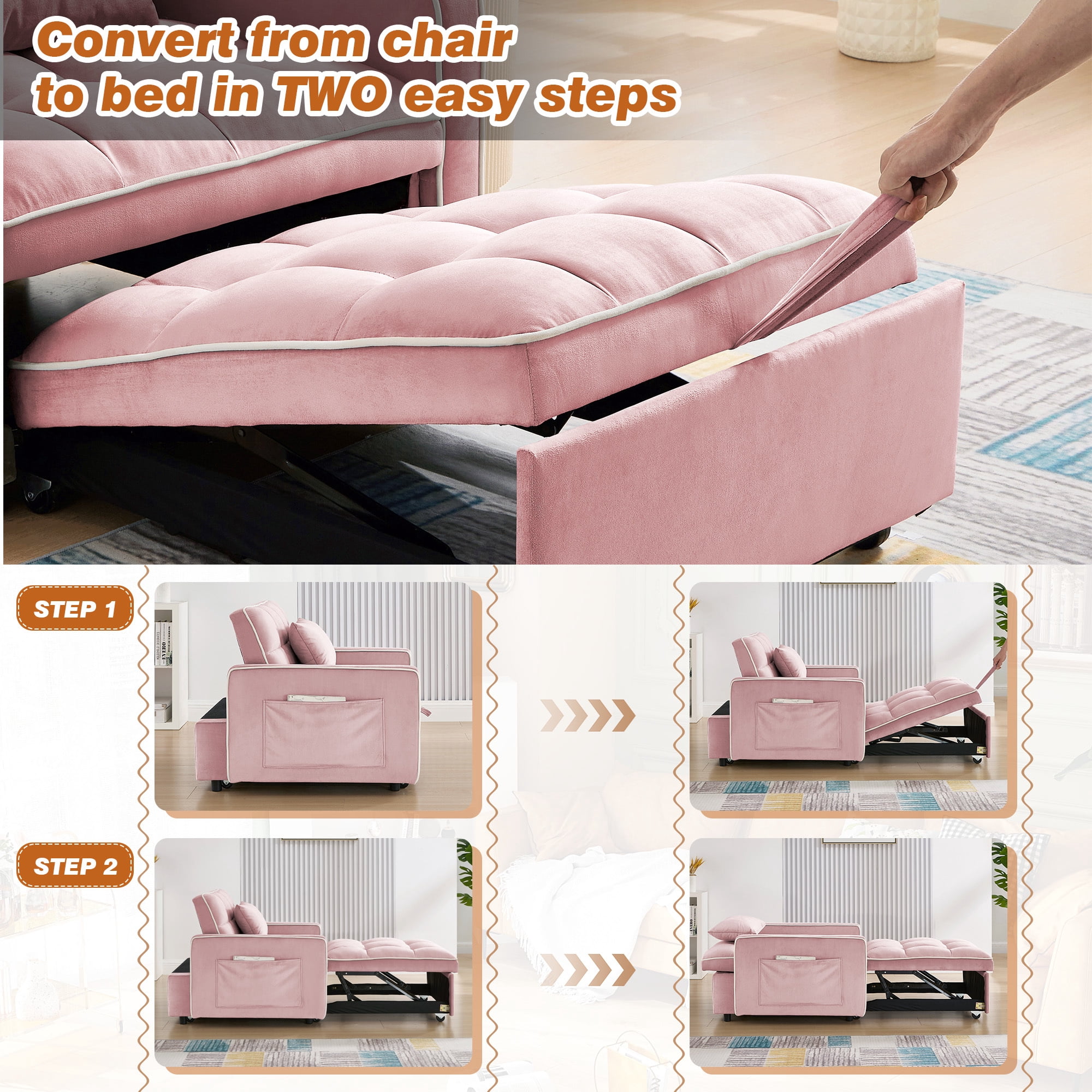 Dinosisco 4-in-1 Convertible Chair Bed, Sleeper Chair Lounge Chair Indoor, Modern Single Pull Out Couch for Living Room, Pink Velvet