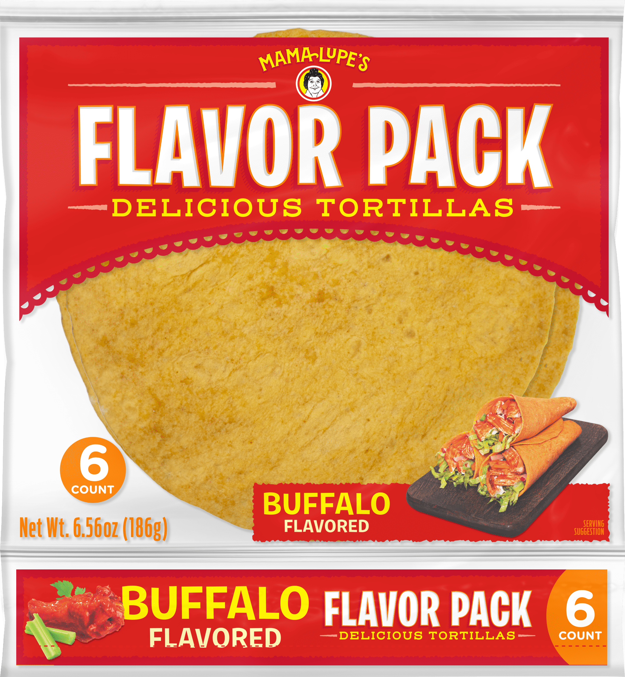 Flavor Pack Buffalo Flavored Tortilla from Mama Lupe's are a great item to spice up lunch time when filled and rolled with your favorite meats and cheeses. They are also great for snacking anytime.