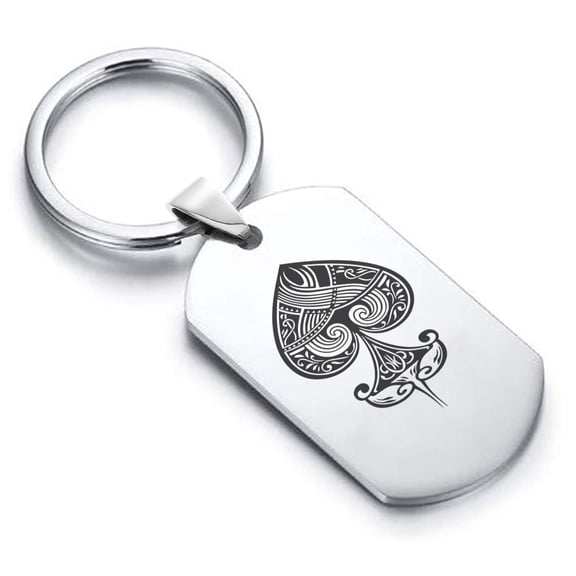Stainless Steel Spade Card Suit Dog Tag Keychain Circle Ring