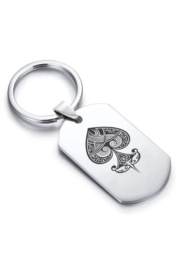 Stainless Steel Spade Card Suit Dog Tag Keychain Circle Ring