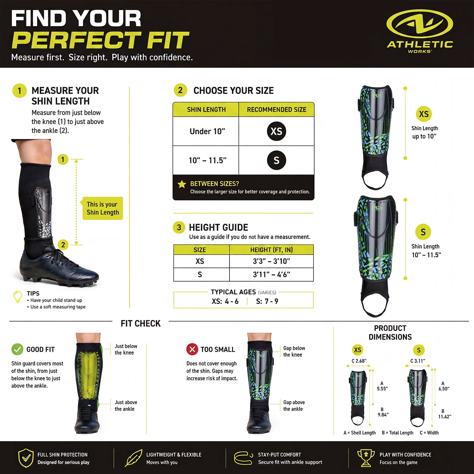 Athletic Works Small Soccer Shin Guards for Kids, Durable PP Shell, Black/Blue/Green
