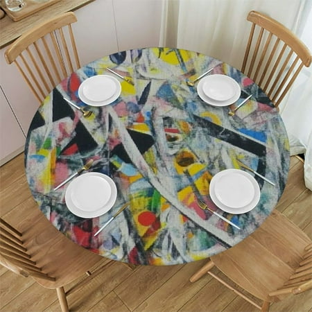 

FUMJ Colors Shapes Abstract Art Round Tablecloth with Elastic Edge 100% Polyester Fiber 31 -35