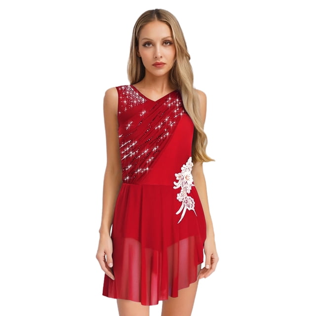 Sxiwei Robes de Danse Lyrique pour Femmes Sans Manches Ourlet Irrégulier Strass Brillants Robe Performance de Scène Bourgogne m