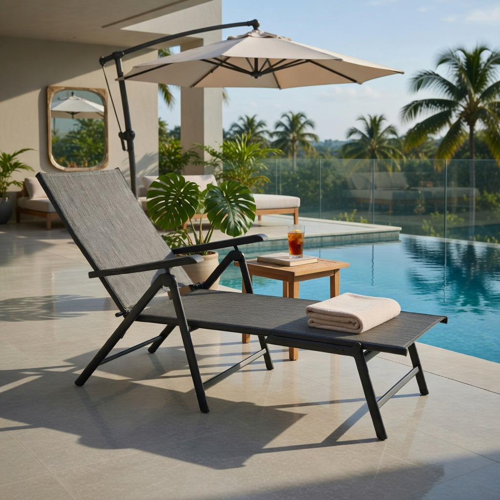 Hommoo Foldable Outdoor Chaise Lounge Chair with Adjustable Backrest & Footrest, Steel Frame, Breathable Fabric, for Patio, Poolside & Garden, Gray