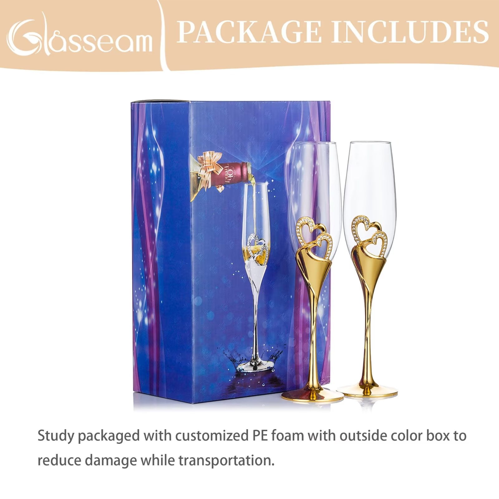 Glasseam Wedding Champagne Flutes Set of 2 Gold Toasting Glasses for Bride and Groom