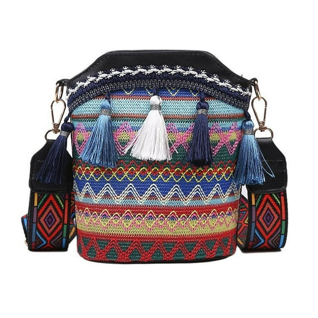 Bolsos Hippie jinwen Bolso de Hombro Bordado Estilo Bohemio Cubo Vacaciones Negro