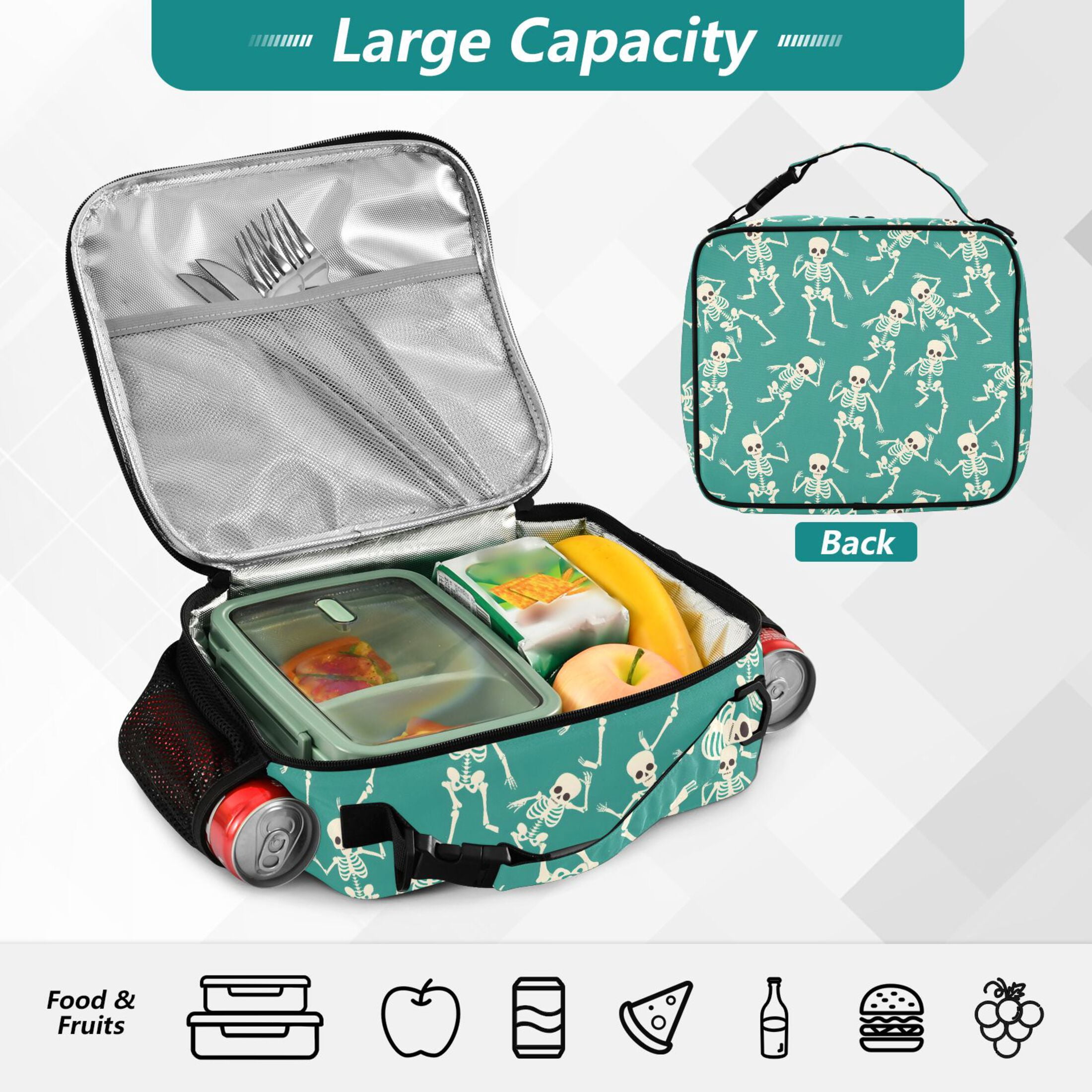ALAZA Skeleton Dancing Skull Lunch Box Insulated Lunch Bag Cooler Tote with Shoulder Strap