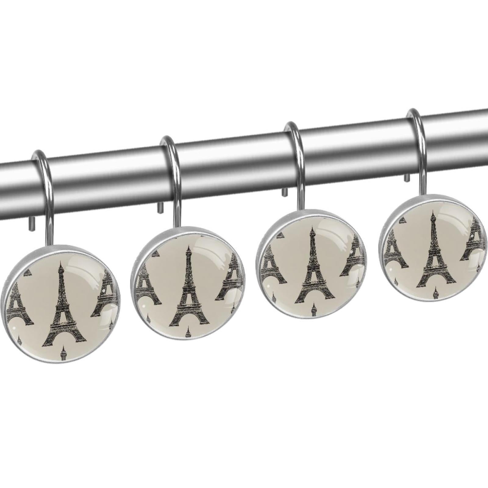 Paris Eiffel Tower Pattern Shower Curtain Hooks Round Crystal Glass, Set of 12 Shower Curtain Rings - Shower Hooks for Curtain Shower Rings