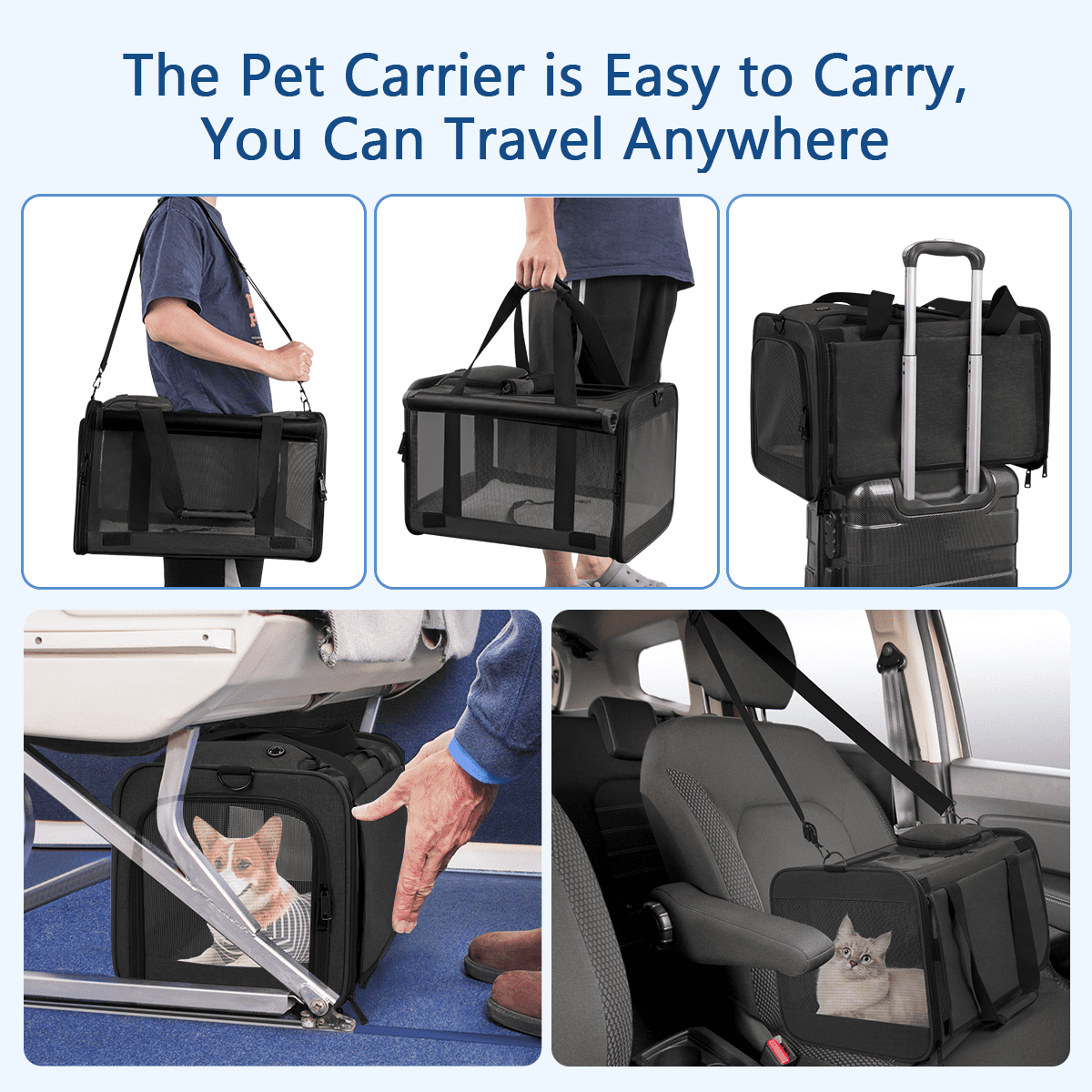 Cat Carrier, Cat Carriers for Large Cats up to 25LB, large Cat Carrier with a Bowl, Soft Sided Carrier with 2 Side Roller Blinds for Pet Cat Kitten Small Dog Puppies Airline Approved, Black