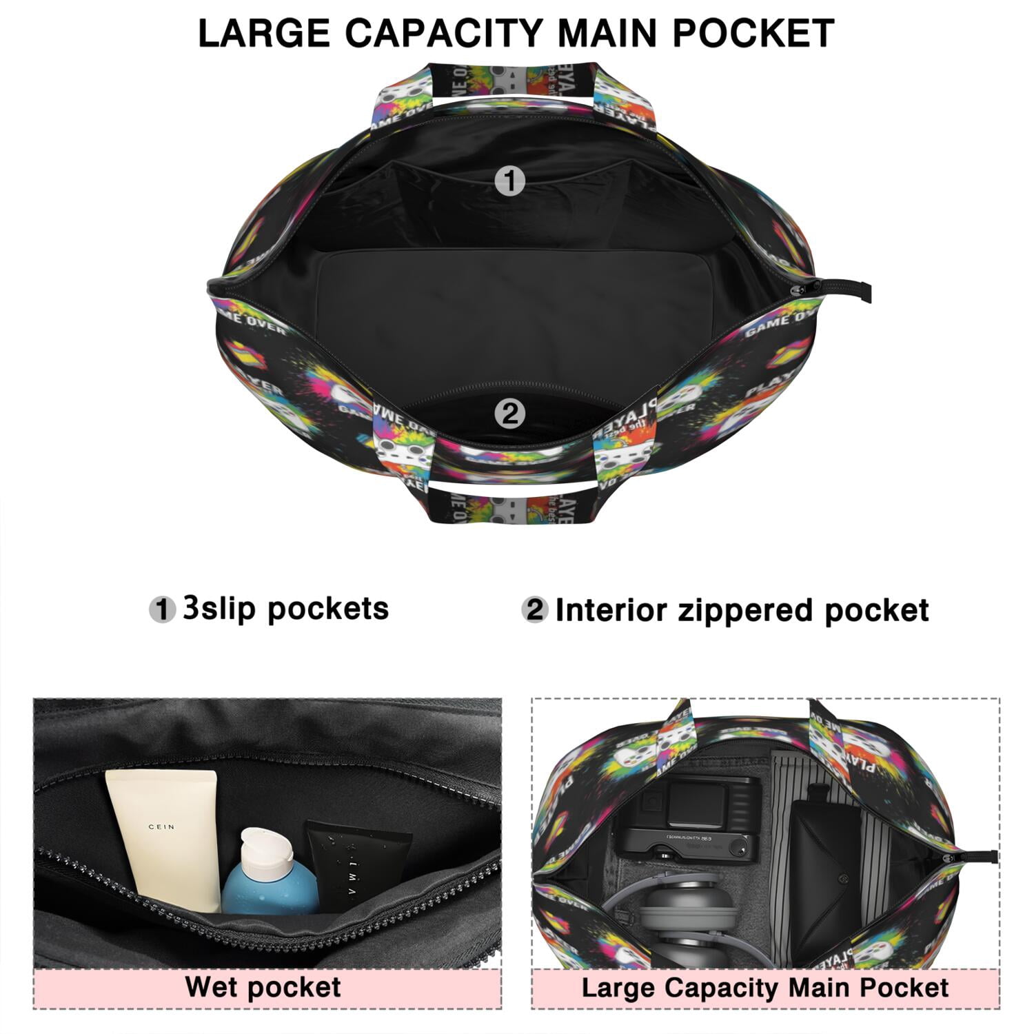 Colorful Controllers Games Symbols Black Pattern Travel Tote Bags for Women Carry On,Large Weekender Bags for Women Travel,Multi Functional Duffle Bag for Work,Shopping,Sports
